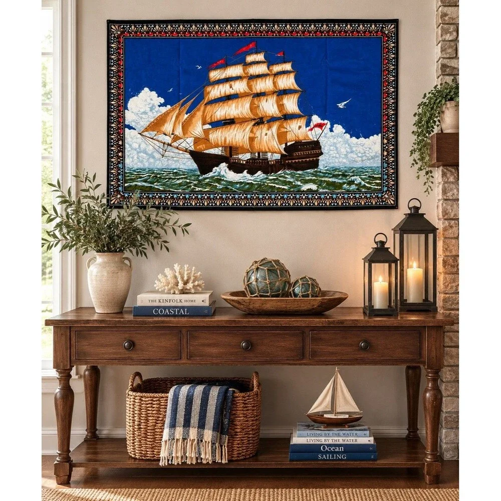 Vintage Turkish Sailing Ship Velour Wall Tapestry 100% Cotton 57x38 Nautical